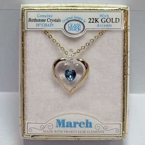 Glass Baron March Birthstone Blue Crystal Heart Necklace 18” Gold Trim NEW